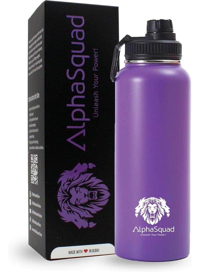 ALPHASQUAD 40Oz / 1200Ml Vacuum Insulated Flask, Double Walled Thermolab Series Stainless Steel Sports Water Bottle With Straw Lid, 2 Lids Included, Hot Cold Thermos, Sports Bottle (Purple) - Image 1